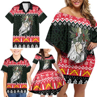 Personalized Anglesey Wales Christmas Family Matching Off Shoulder Short Dress and Hawaiian Shirt Mari Lwyd Celtic Knot Style - Wonder Print Shop