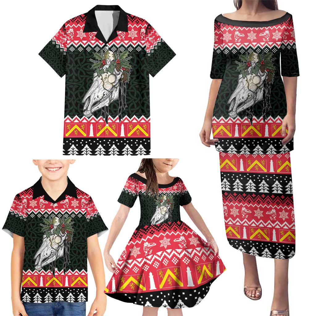 Personalized Anglesey Wales Christmas Family Matching Puletasi and Hawaiian Shirt Mari Lwyd Celtic Knot Style - Wonder Print Shop