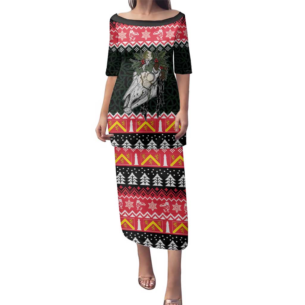 Personalized Anglesey Wales Christmas Family Matching Puletasi and Hawaiian Shirt Mari Lwyd Celtic Knot Style - Wonder Print Shop