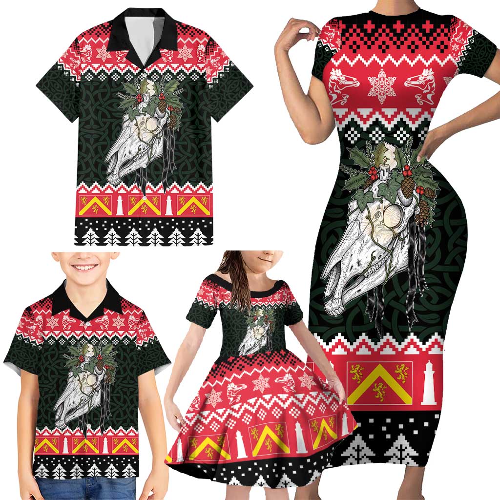 Personalized Anglesey Wales Christmas Family Matching Short Sleeve Bodycon Dress and Hawaiian Shirt Mari Lwyd Celtic Knot Style - Wonder Print Shop