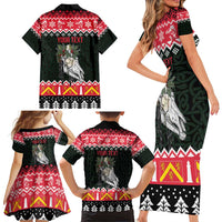 Personalized Anglesey Wales Christmas Family Matching Short Sleeve Bodycon Dress and Hawaiian Shirt Mari Lwyd Celtic Knot Style - Wonder Print Shop