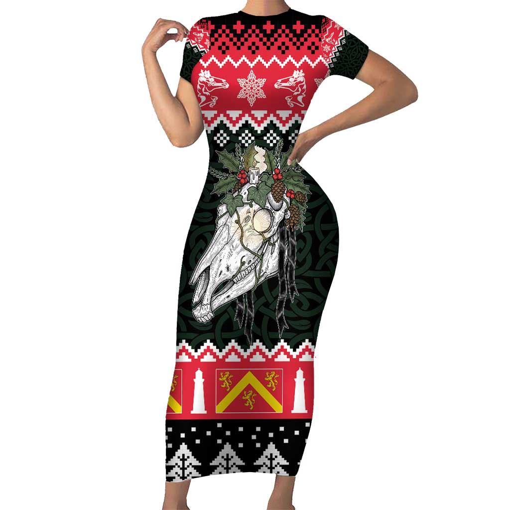 Personalized Anglesey Wales Christmas Family Matching Short Sleeve Bodycon Dress and Hawaiian Shirt Mari Lwyd Celtic Knot Style - Wonder Print Shop