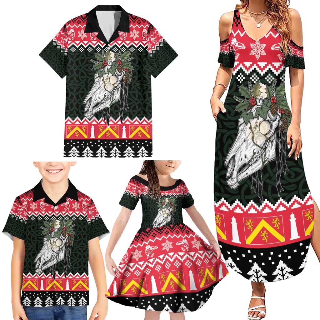 Personalized Anglesey Wales Christmas Family Matching Summer Maxi Dress and Hawaiian Shirt Mari Lwyd Celtic Knot Style - Wonder Print Shop