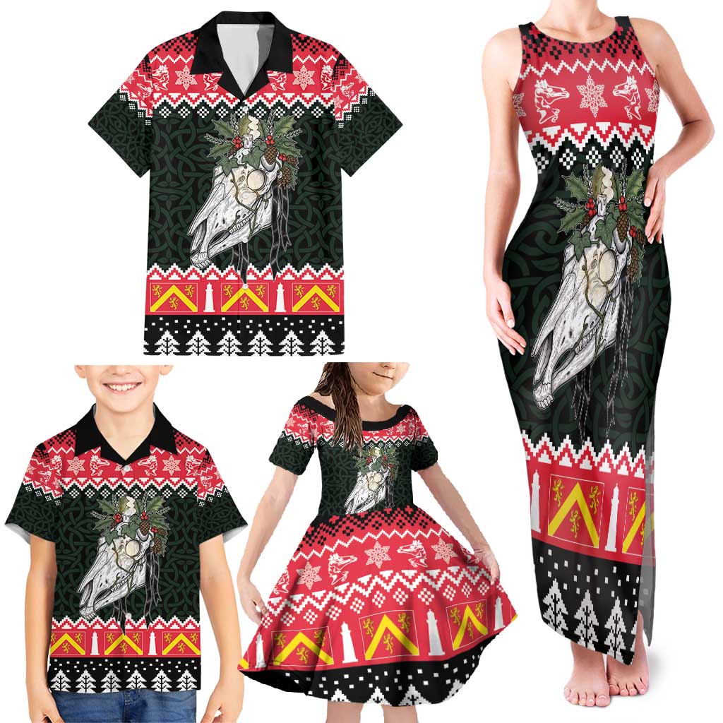 Personalized Anglesey Wales Christmas Family Matching Tank Maxi Dress and Hawaiian Shirt Mari Lwyd Celtic Knot Style - Wonder Print Shop