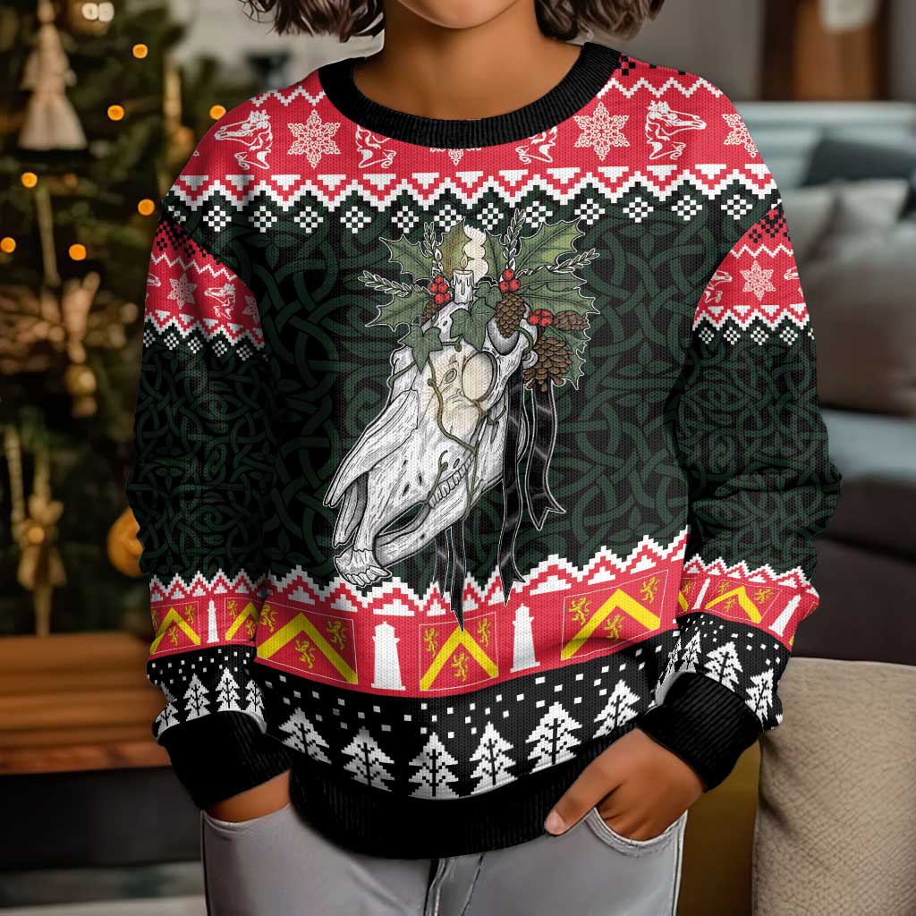 Personalized Anglesey Wales Christmas Kid Ugly Christmas Sweater Mari Lwyd Celtic Knot Style - Wonder Print Shop