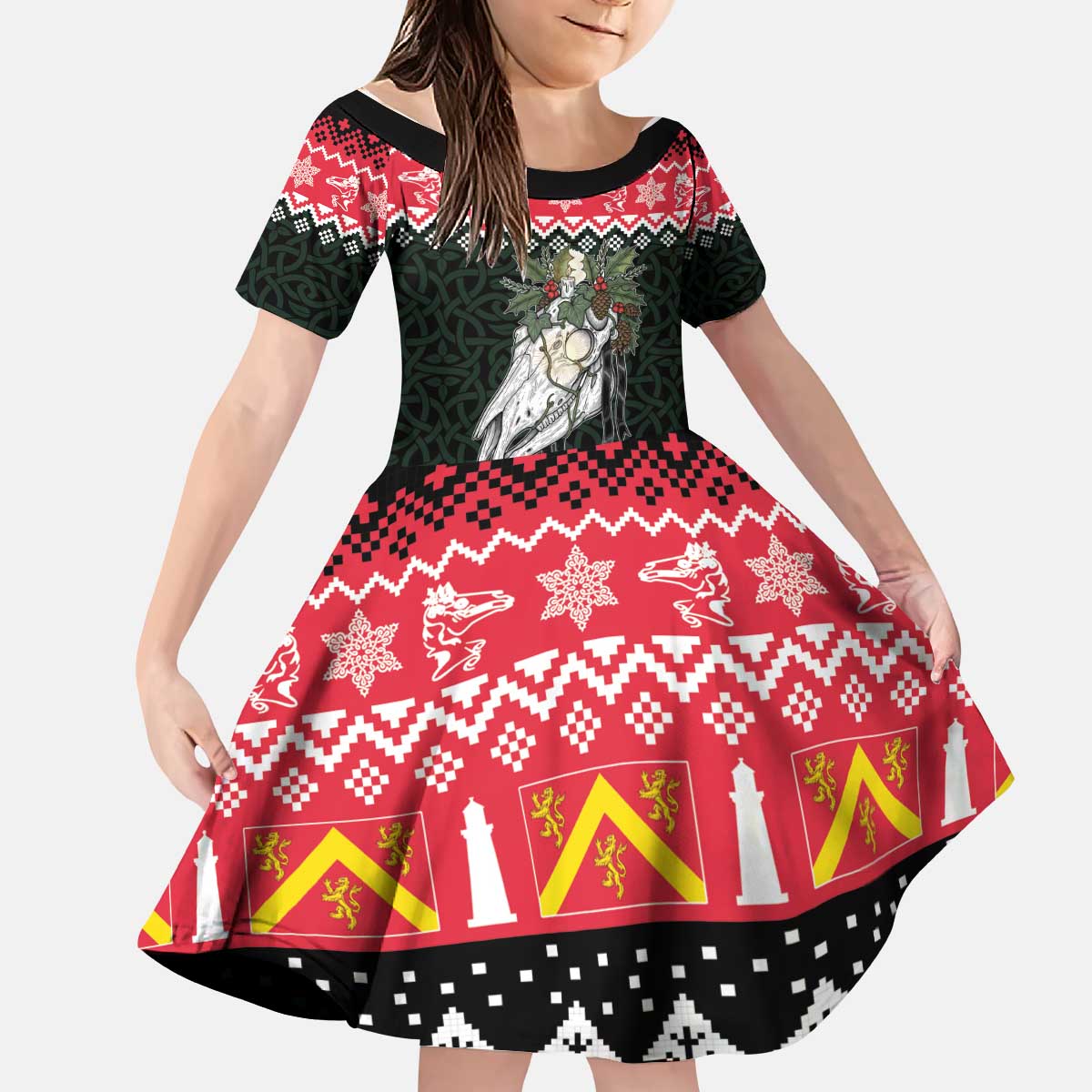 Personalized Anglesey Wales Christmas Kid Short Sleeve Dress Mari Lwyd Celtic Knot Style - Wonder Print Shop
