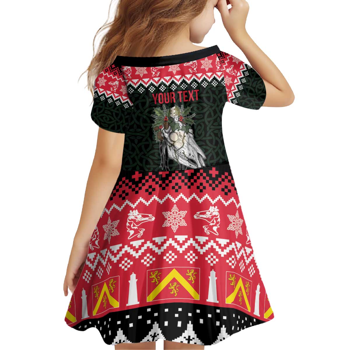 Personalized Anglesey Wales Christmas Kid Short Sleeve Dress Mari Lwyd Celtic Knot Style - Wonder Print Shop