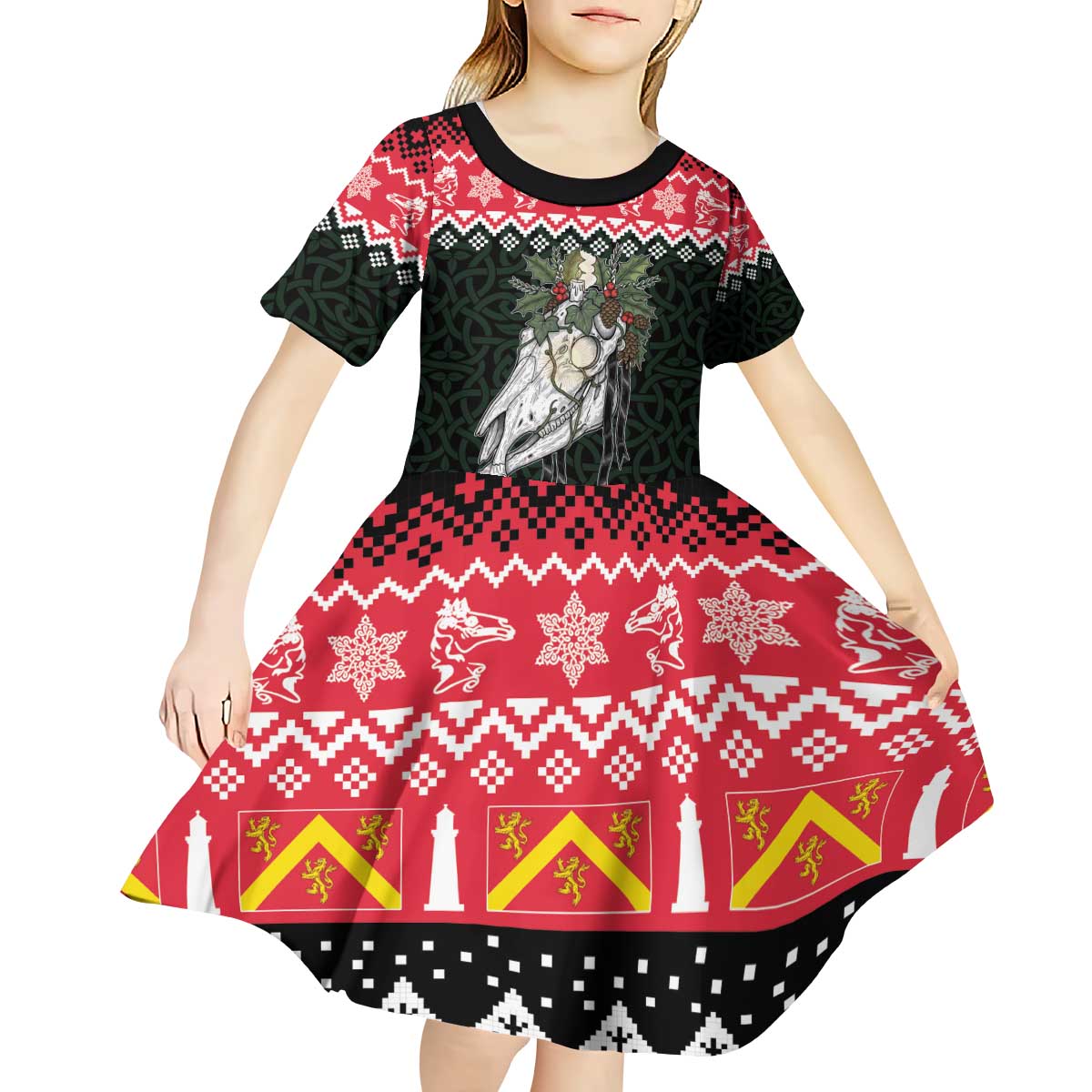 Personalized Anglesey Wales Christmas Kid Short Sleeve Dress Mari Lwyd Celtic Knot Style - Wonder Print Shop