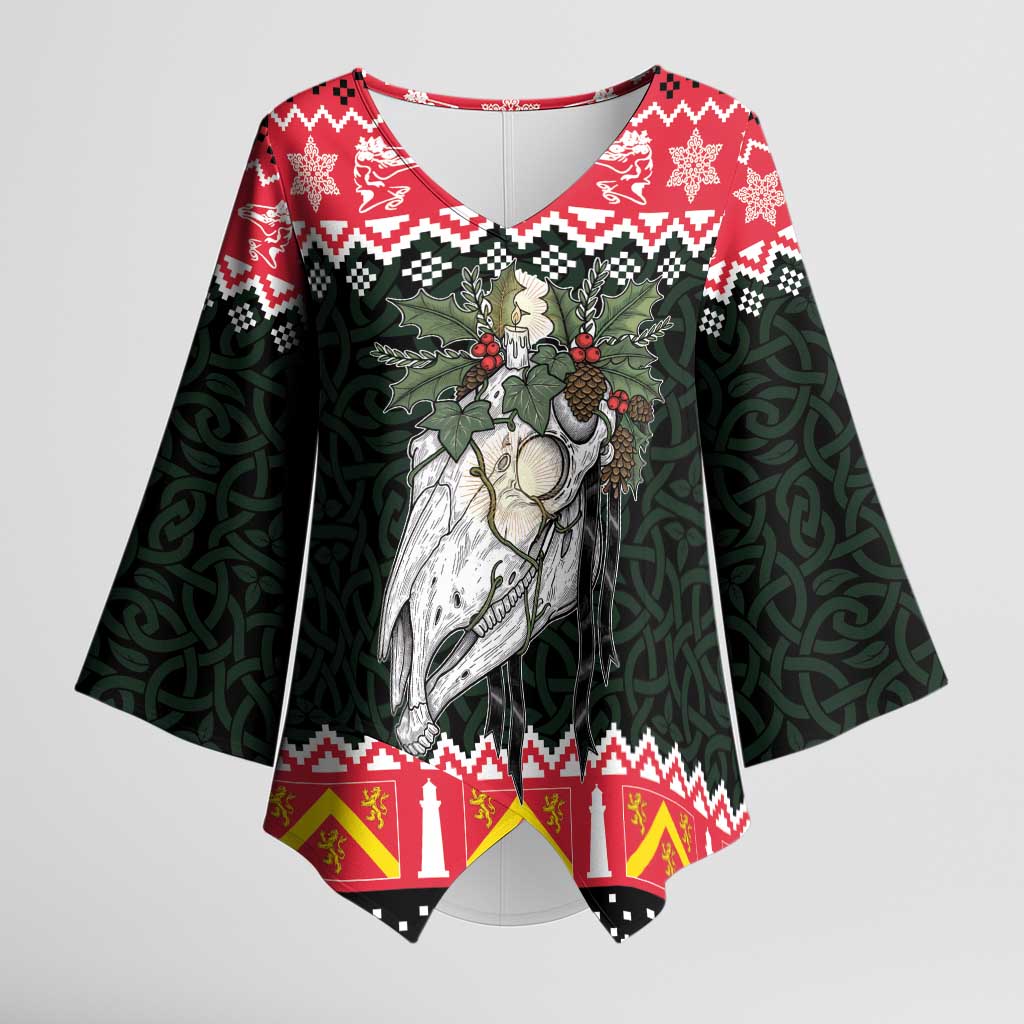 Personalized Anglesey Wales Christmas Kimono Sleeve Blouse Mari Lwyd Celtic Knot Style - Wonder Print Shop