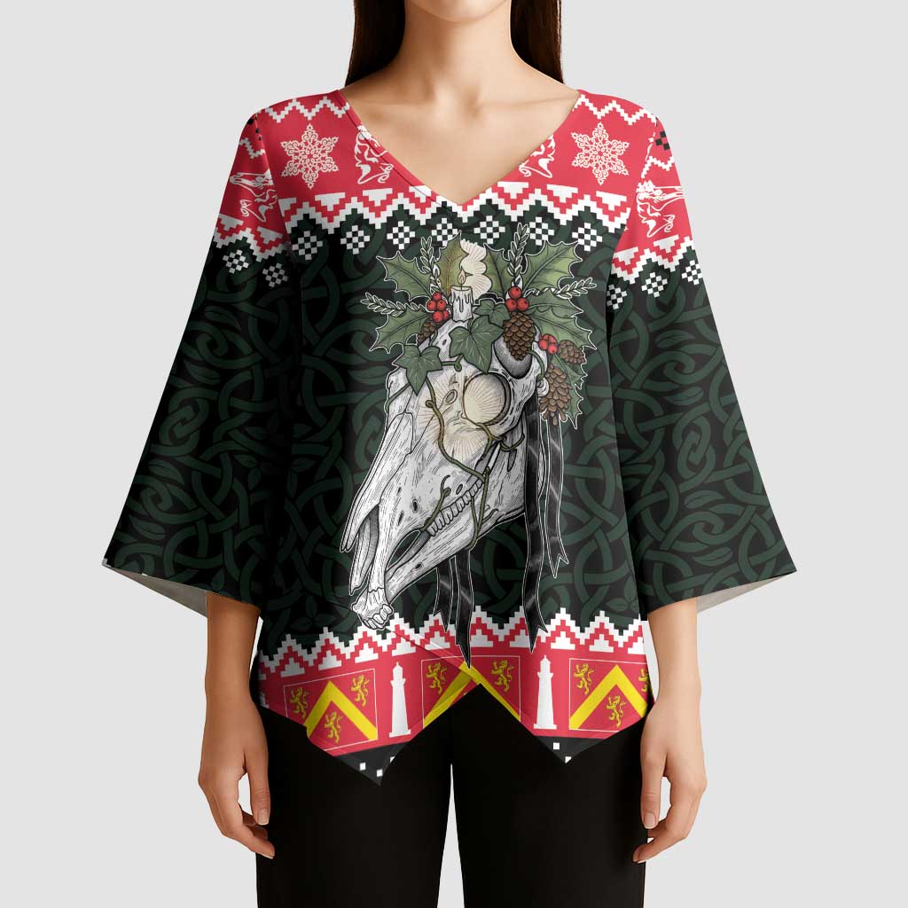 Personalized Anglesey Wales Christmas Kimono Sleeve Blouse Mari Lwyd Celtic Knot Style - Wonder Print Shop