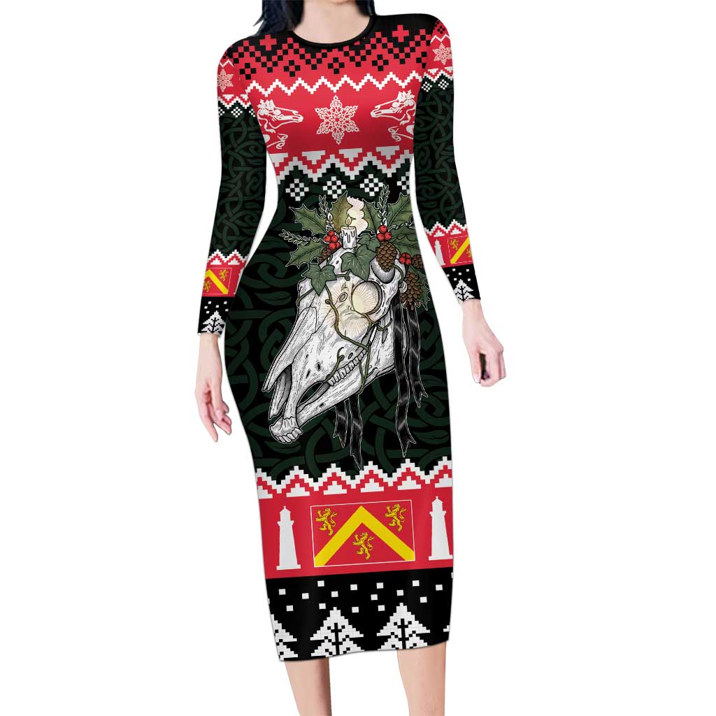 Personalized Anglesey Wales Christmas Long Sleeve Bodycon Dress Mari Lwyd Celtic Knot Style - Wonder Print Shop