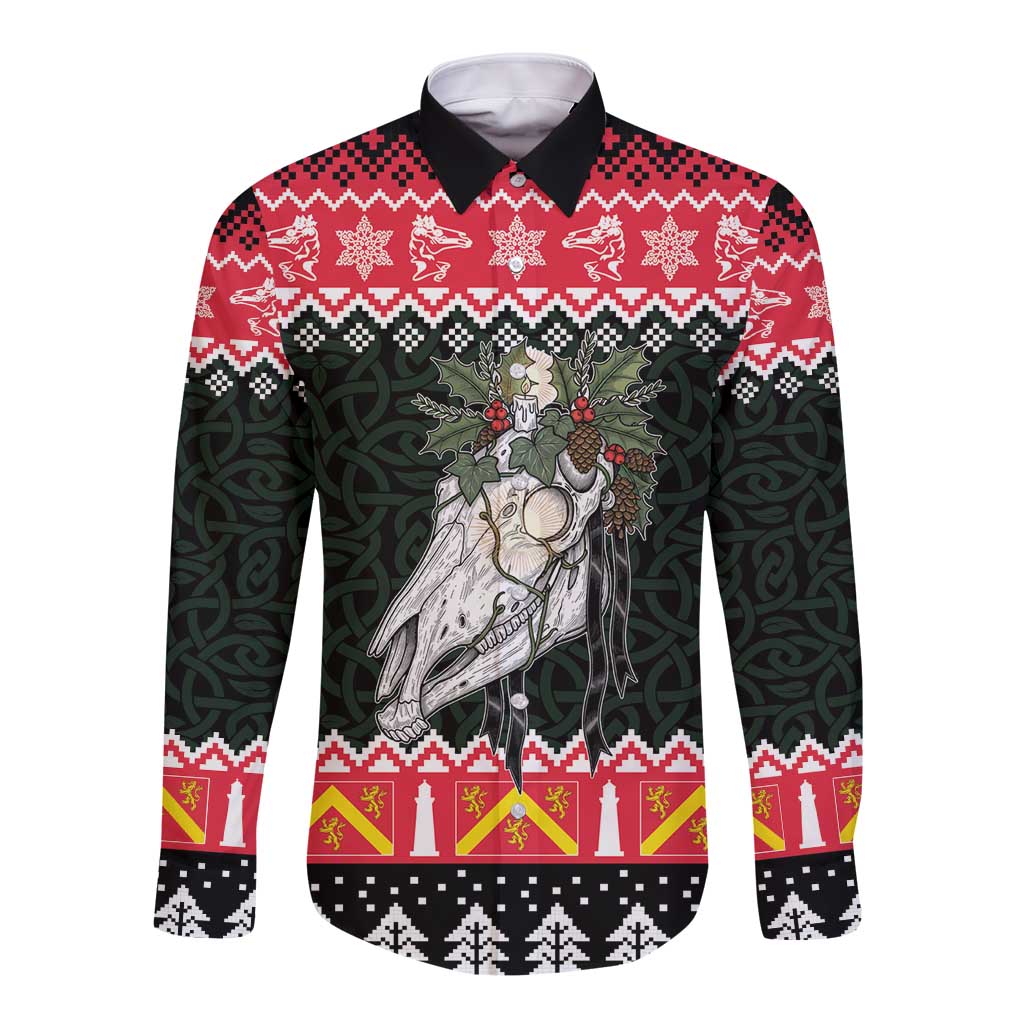 Personalized Anglesey Wales Christmas Long Sleeve Button Shirt Mari Lwyd Celtic Knot Style - Wonder Print Shop