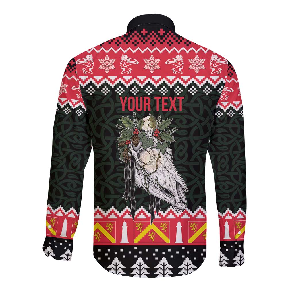 Personalized Anglesey Wales Christmas Long Sleeve Button Shirt Mari Lwyd Celtic Knot Style - Wonder Print Shop
