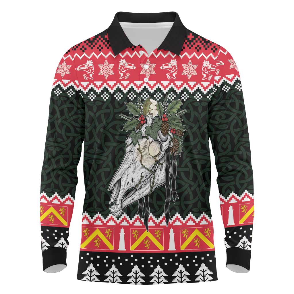 Personalized Anglesey Wales Christmas Long Sleeve Polo Shirt Mari Lwyd Celtic Knot Style - Wonder Print Shop