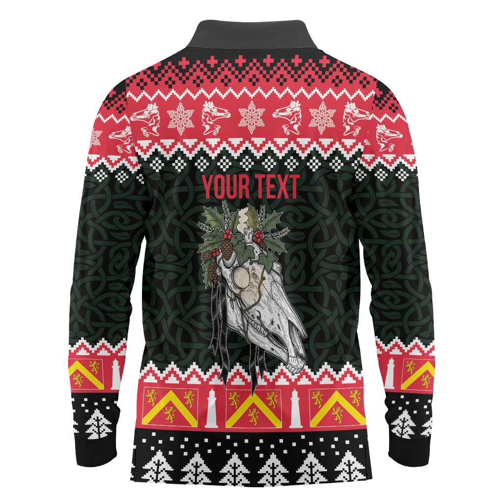 Personalized Anglesey Wales Christmas Long Sleeve Polo Shirt Mari Lwyd Celtic Knot Style - Wonder Print Shop