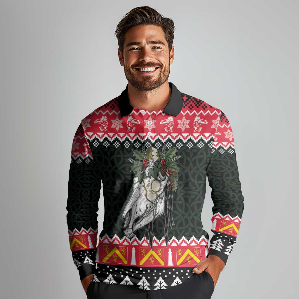 Personalized Anglesey Wales Christmas Long Sleeve Polo Shirt Mari Lwyd Celtic Knot Style - Wonder Print Shop