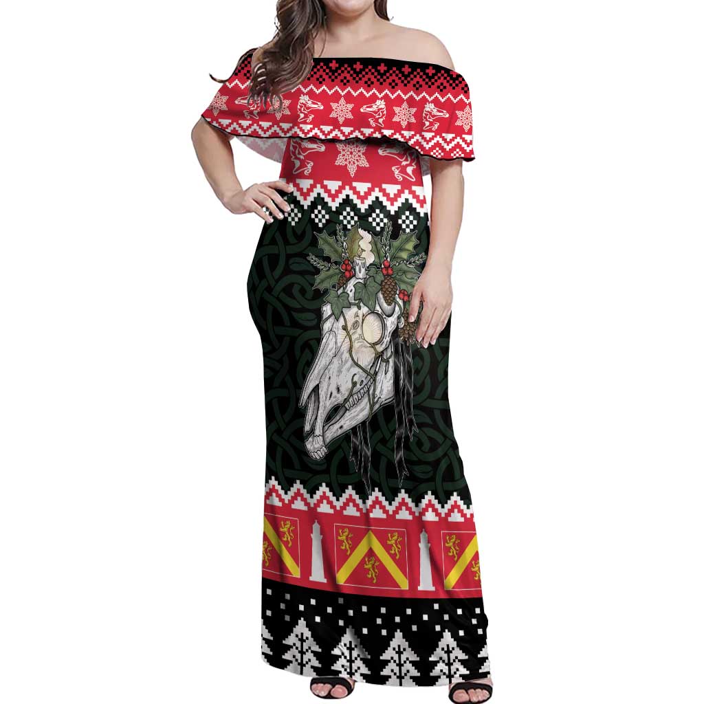 Personalized Anglesey Wales Christmas Off Shoulder Maxi Dress Mari Lwyd Celtic Knot Style - Wonder Print Shop
