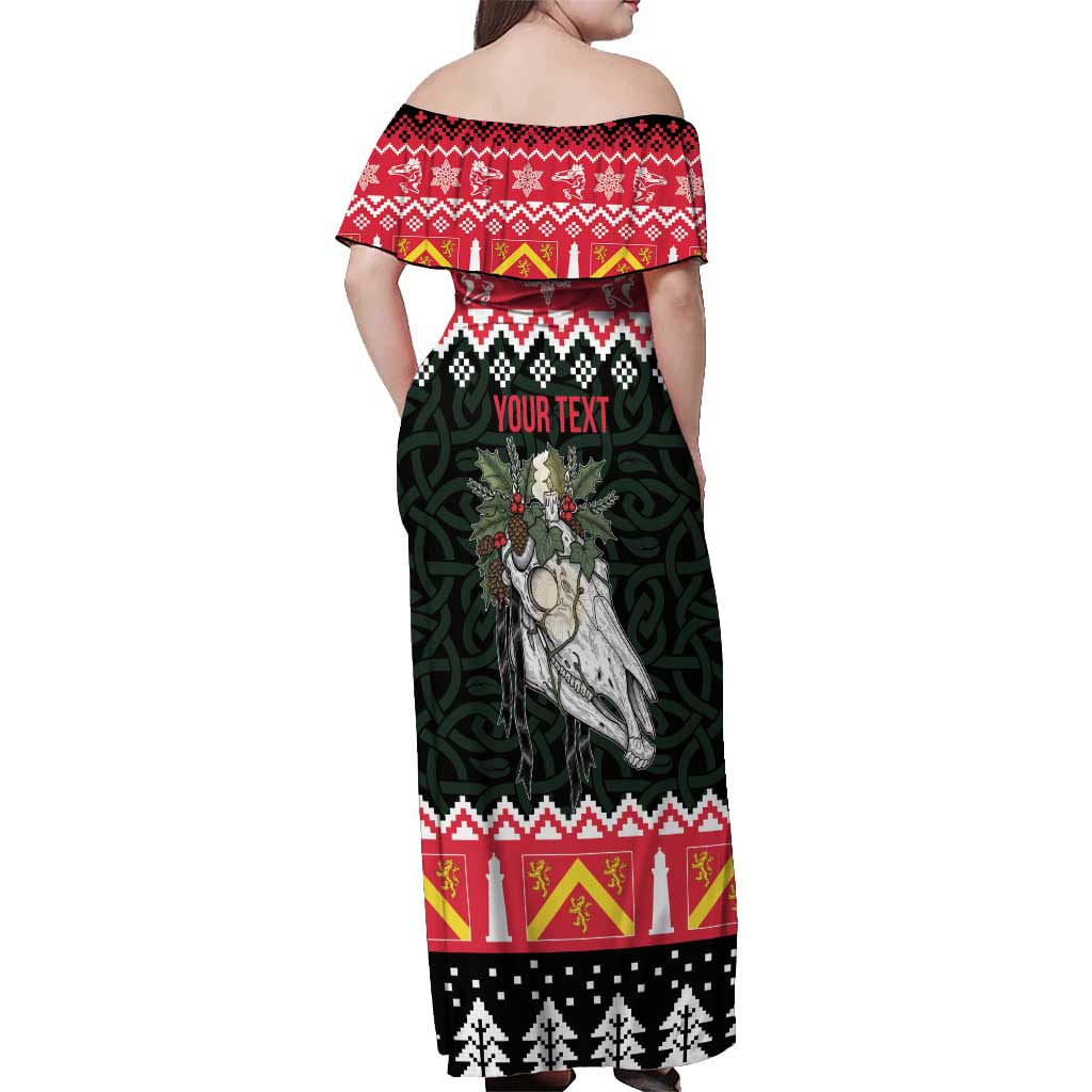 Personalized Anglesey Wales Christmas Off Shoulder Maxi Dress Mari Lwyd Celtic Knot Style - Wonder Print Shop