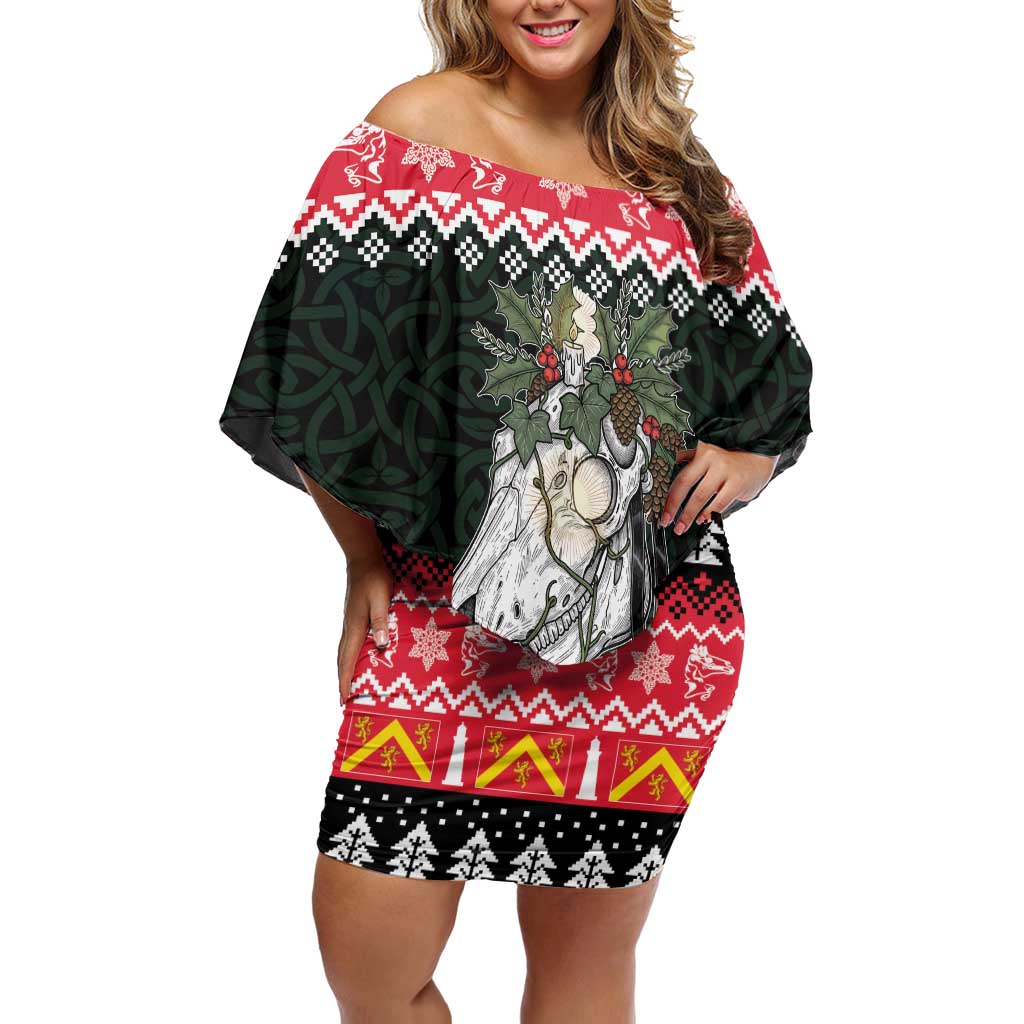Personalized Anglesey Wales Christmas Off Shoulder Short Dress Mari Lwyd Celtic Knot Style - Wonder Print Shop
