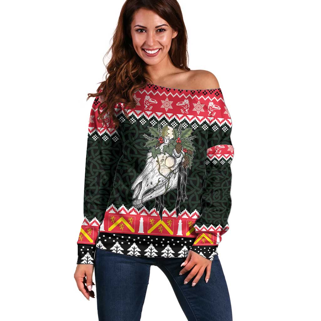 Personalized Anglesey Wales Christmas Off Shoulder Sweater Mari Lwyd Celtic Knot Style - Wonder Print Shop