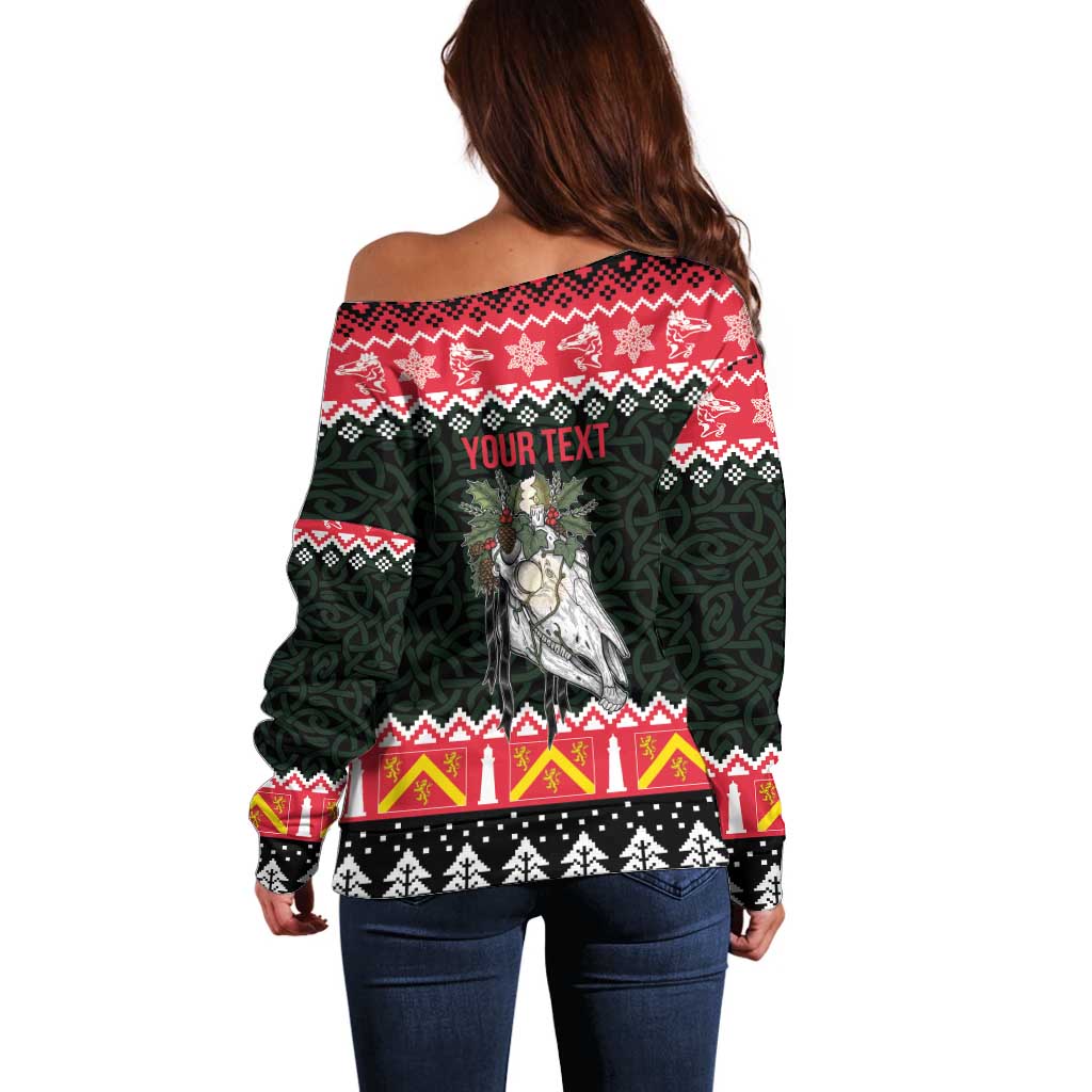 Personalized Anglesey Wales Christmas Off Shoulder Sweater Mari Lwyd Celtic Knot Style - Wonder Print Shop