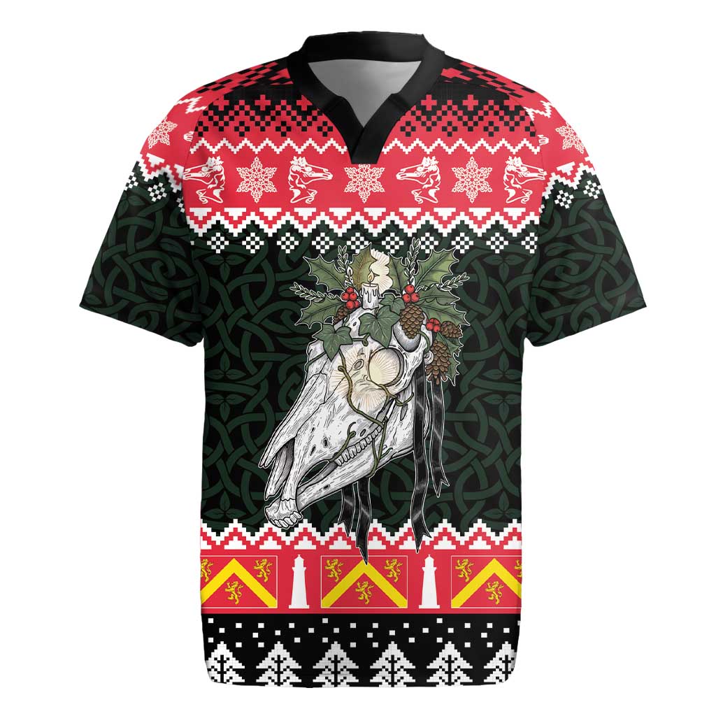 Personalized Anglesey Wales Christmas Rugby Jersey Mari Lwyd Celtic Knot Style - Wonder Print Shop