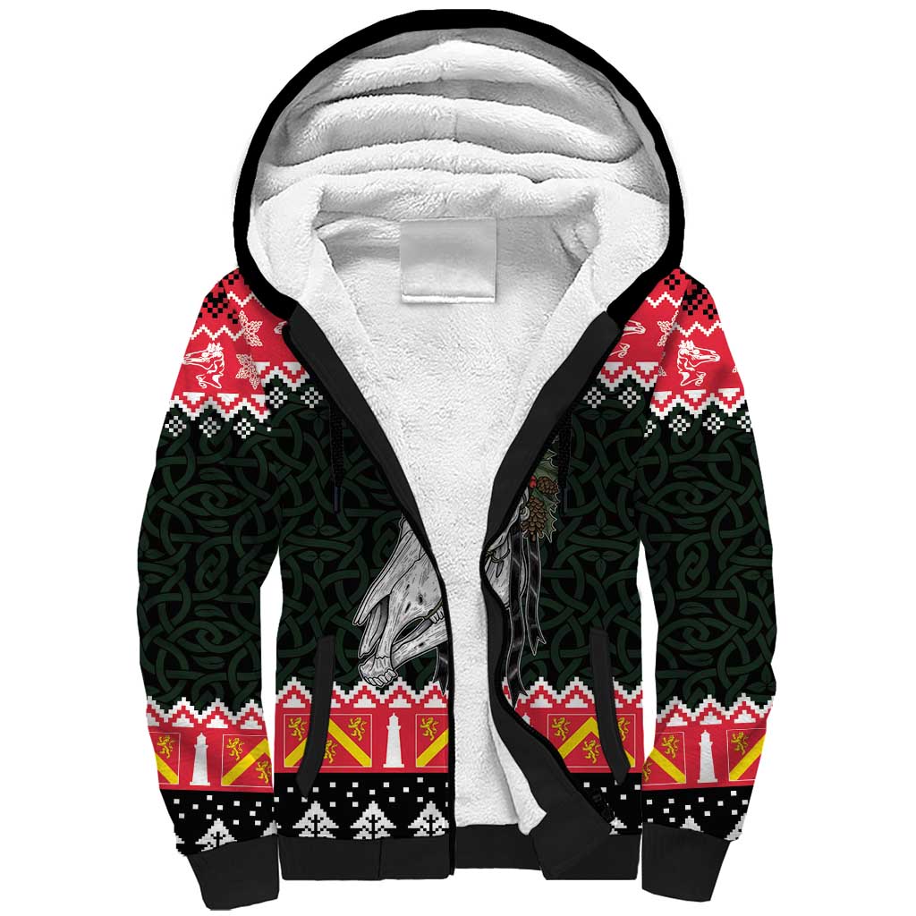 Personalized Anglesey Wales Christmas Sherpa Hoodie Mari Lwyd Celtic Knot Style - Wonder Print Shop