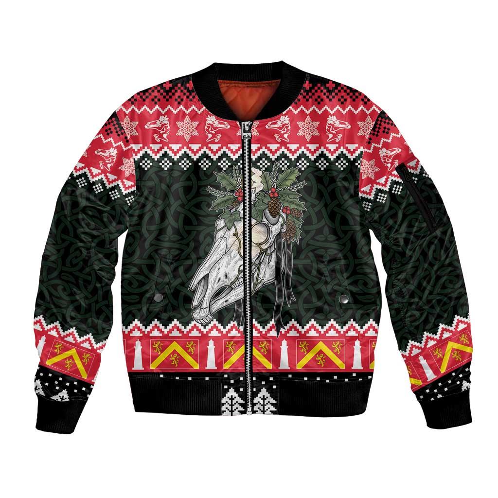 Personalized Anglesey Wales Christmas Sleeve Zip Bomber Jacket Mari Lwyd Celtic Knot Style - Wonder Print Shop