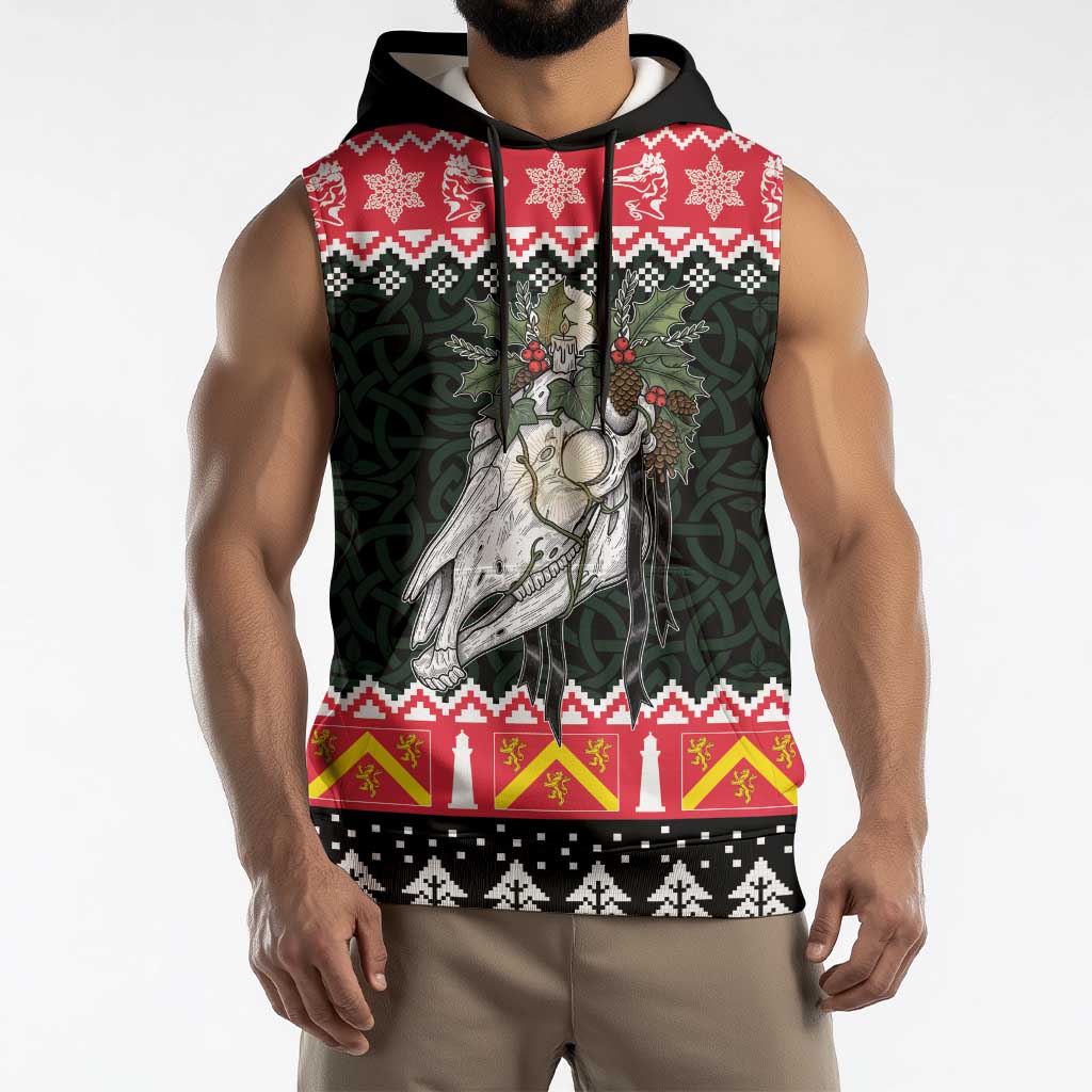 Personalized Anglesey Wales Christmas Sleeveless Hoodie Mari Lwyd Celtic Knot Style - Wonder Print Shop