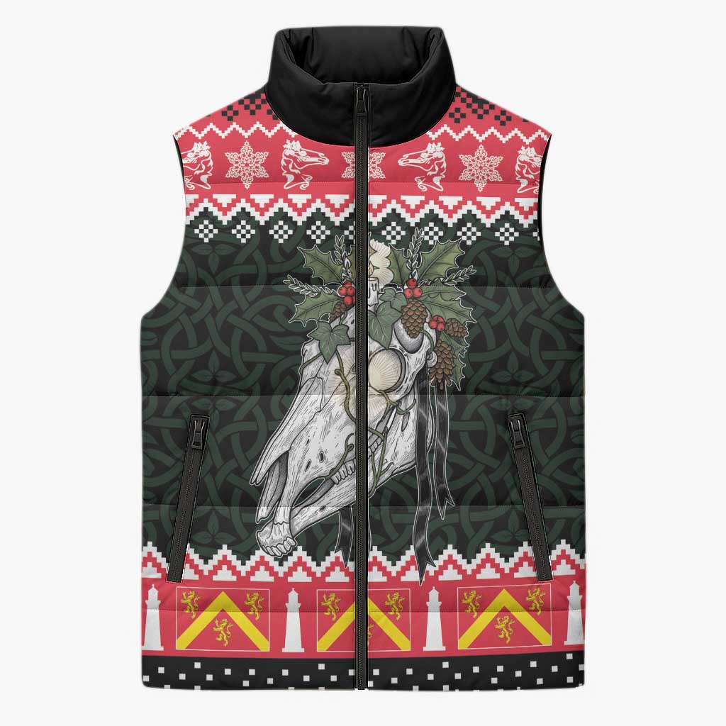 Personalized Anglesey Wales Christmas Sleeveless Puffer Jacket Mari Lwyd Celtic Knot Style - Wonder Print Shop