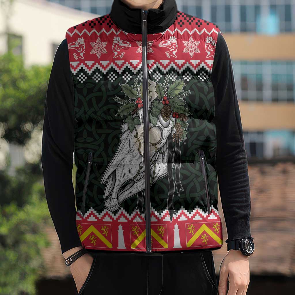 Personalized Anglesey Wales Christmas Sleeveless Puffer Jacket Mari Lwyd Celtic Knot Style - Wonder Print Shop