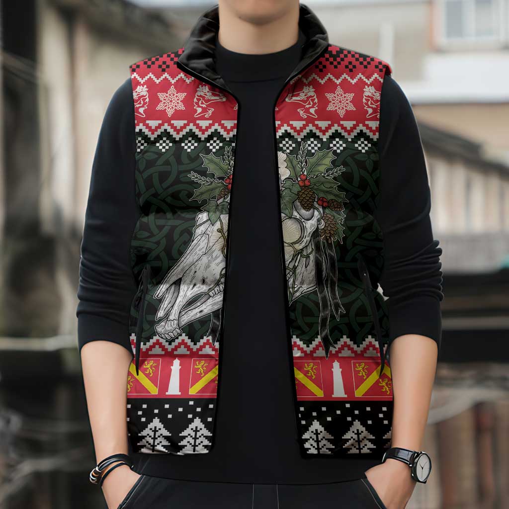 Personalized Anglesey Wales Christmas Sleeveless Puffer Jacket Mari Lwyd Celtic Knot Style - Wonder Print Shop