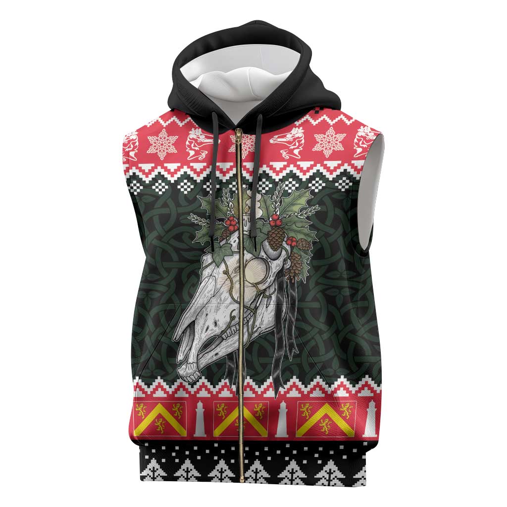 Personalized Anglesey Wales Christmas Sleeveless Zip Hoodie Mari Lwyd Celtic Knot Style - Wonder Print Shop