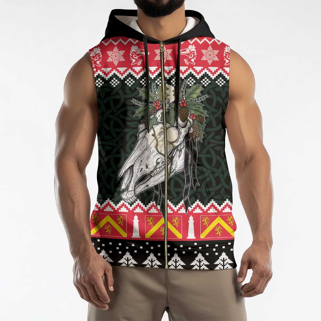 Personalized Anglesey Wales Christmas Sleeveless Zip Hoodie Mari Lwyd Celtic Knot Style - Wonder Print Shop