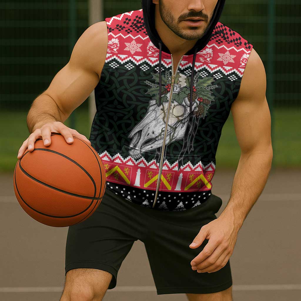 Personalized Anglesey Wales Christmas Sleeveless Zip Hoodie Mari Lwyd Celtic Knot Style - Wonder Print Shop