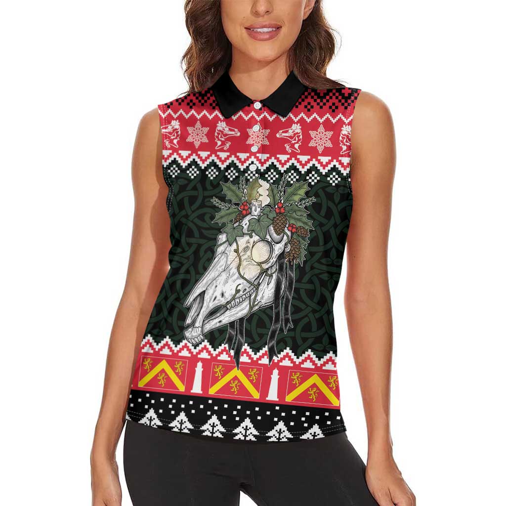 Personalized Anglesey Wales Christmas Women Sleeveless Polo Shirt Mari Lwyd Celtic Knot Style - Wonder Print Shop
