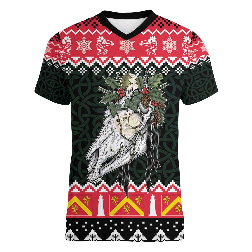 Personalized Anglesey Wales Christmas Women V-Neck T-Shirt Mari Lwyd Celtic Knot Style - Wonder Print Shop