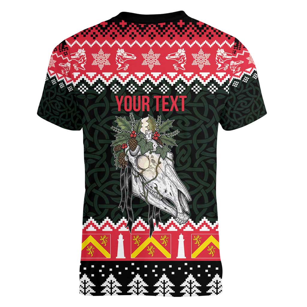 Personalized Anglesey Wales Christmas Women V-Neck T-Shirt Mari Lwyd Celtic Knot Style - Wonder Print Shop