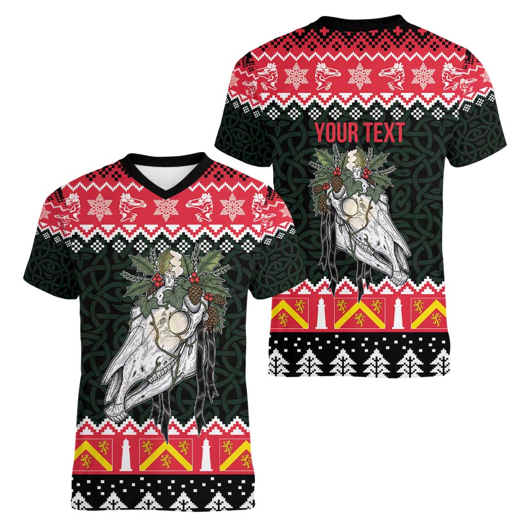 Personalized Anglesey Wales Christmas Women V-Neck T-Shirt Mari Lwyd Celtic Knot Style - Wonder Print Shop