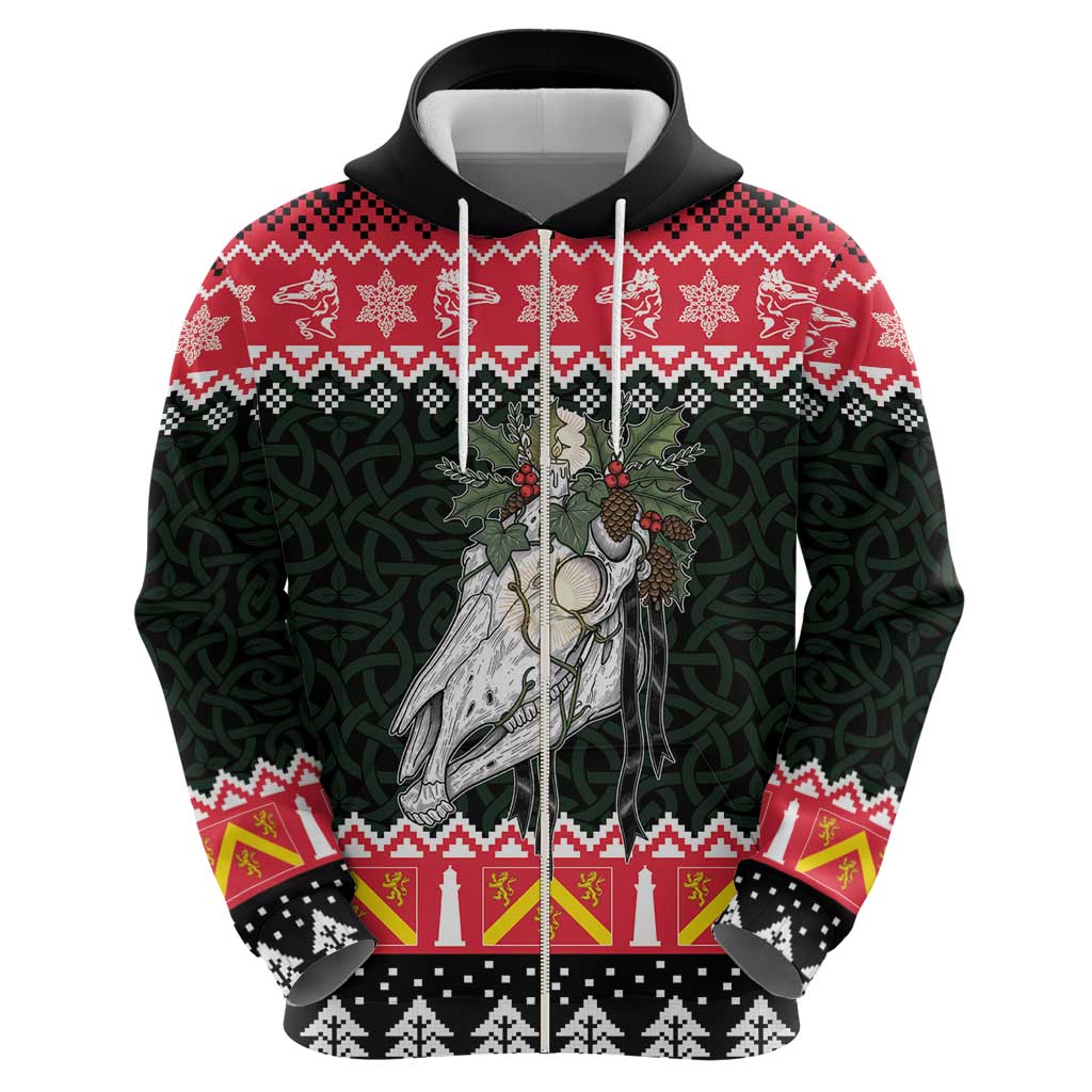 Personalized Anglesey Wales Christmas Zip Hoodie Mari Lwyd Celtic Knot Style - Wonder Print Shop