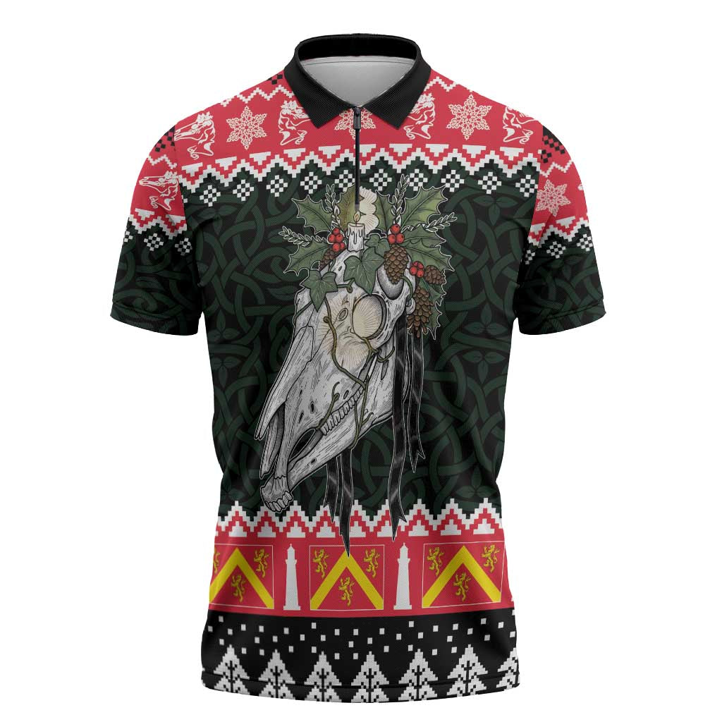 Personalized Anglesey Wales Christmas Zipper Polo Shirt Mari Lwyd Celtic Knot Style - Wonder Print Shop