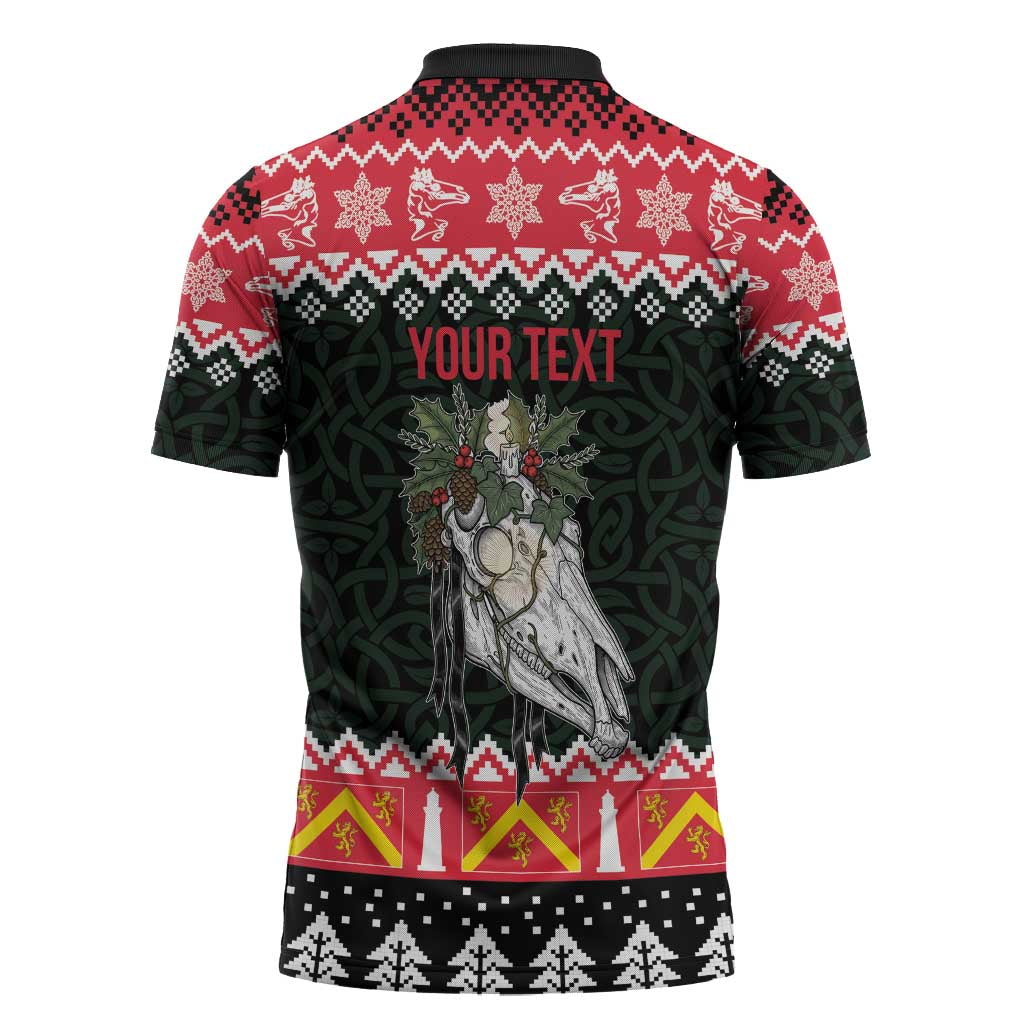 Personalized Anglesey Wales Christmas Zipper Polo Shirt Mari Lwyd Celtic Knot Style - Wonder Print Shop