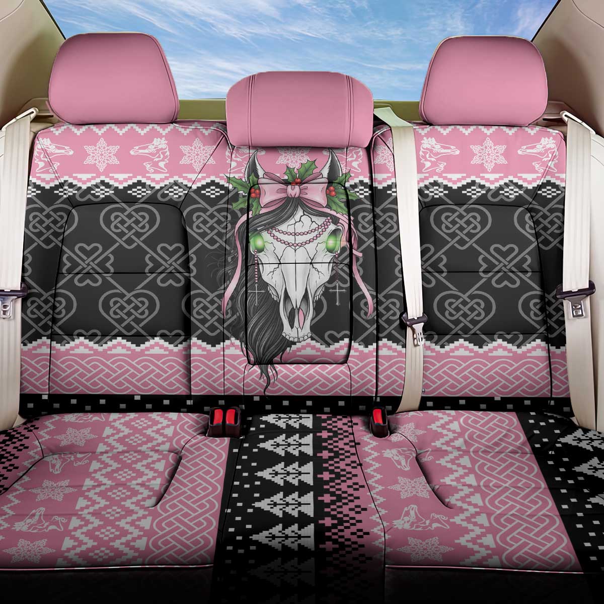 Anglesey Wales Christmas Back Car Seat Cover Pink Mari Lwyd Welsh Celtic Knot - Wonder Print Shop