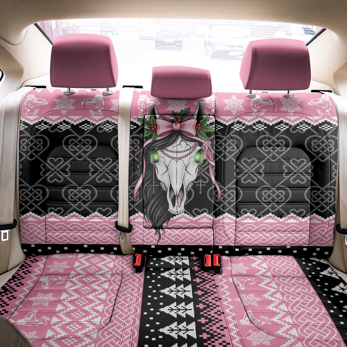 Anglesey Wales Christmas Back Car Seat Cover Pink Mari Lwyd Welsh Celtic Knot - Wonder Print Shop