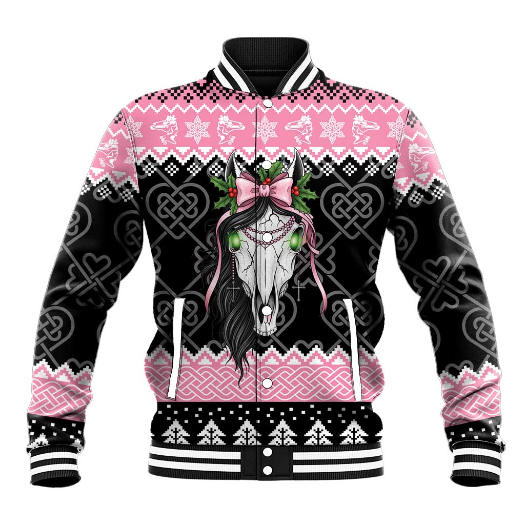 Anglesey Wales Christmas Baseball Jacket Pink Mari Lwyd Welsh Celtic Knot - Wonder Print Shop