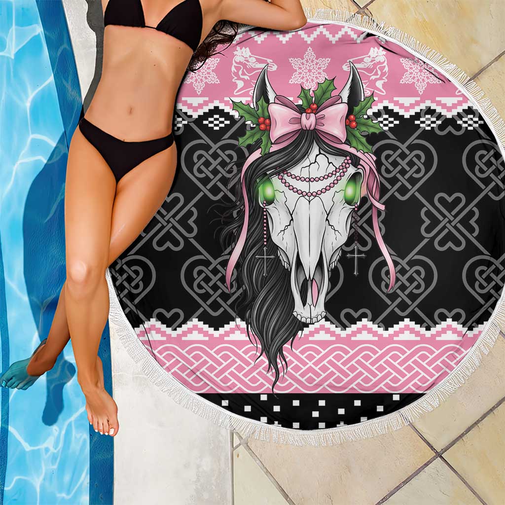 Anglesey Wales Christmas Beach Blanket Pink Mari Lwyd Welsh Celtic Knot - Wonder Print Shop