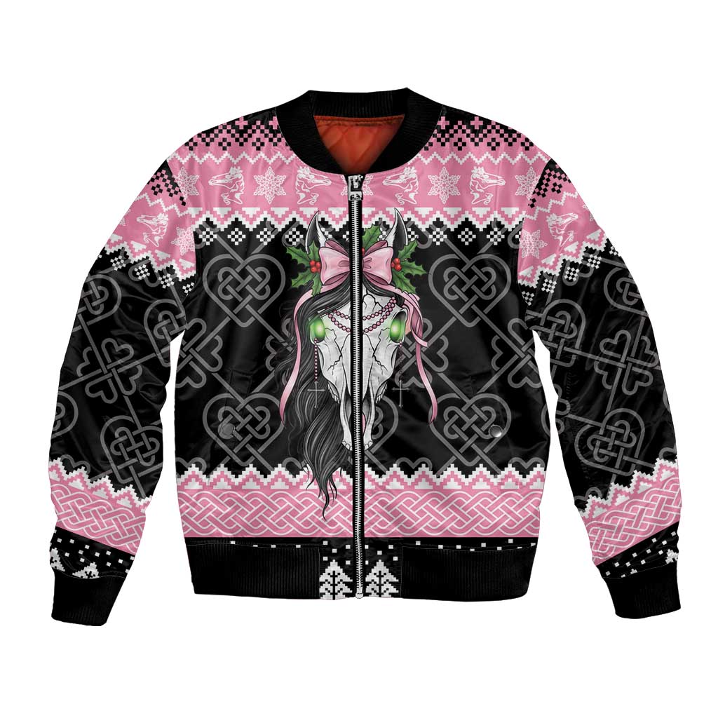 Anglesey Wales Christmas Bomber Jacket Pink Mari Lwyd Welsh Celtic Knot - Wonder Print Shop