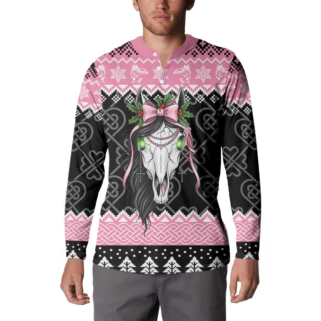 Anglesey Wales Christmas Button Sweatshirt Pink Mari Lwyd Welsh Celtic Knot - Wonder Print Shop