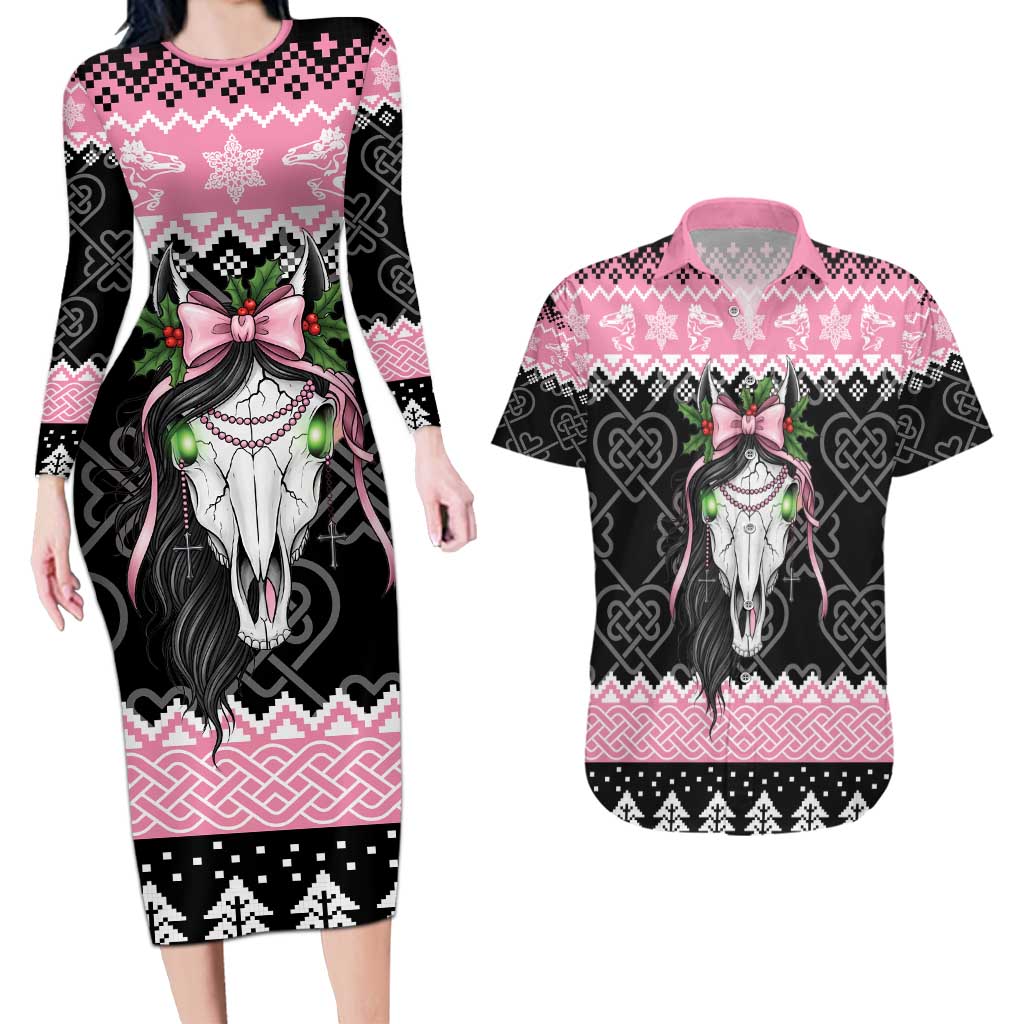 Anglesey Wales Christmas Couples Matching Long Sleeve Bodycon Dress and Hawaiian Shirt Pink Mari Lwyd Welsh Celtic Knot - Wonder Print Shop