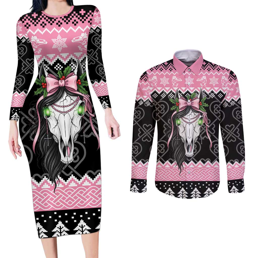 Anglesey Wales Christmas Couples Matching Long Sleeve Bodycon Dress and Long Sleeve Button Shirt Pink Mari Lwyd Welsh Celtic Knot - Wonder Print Shop